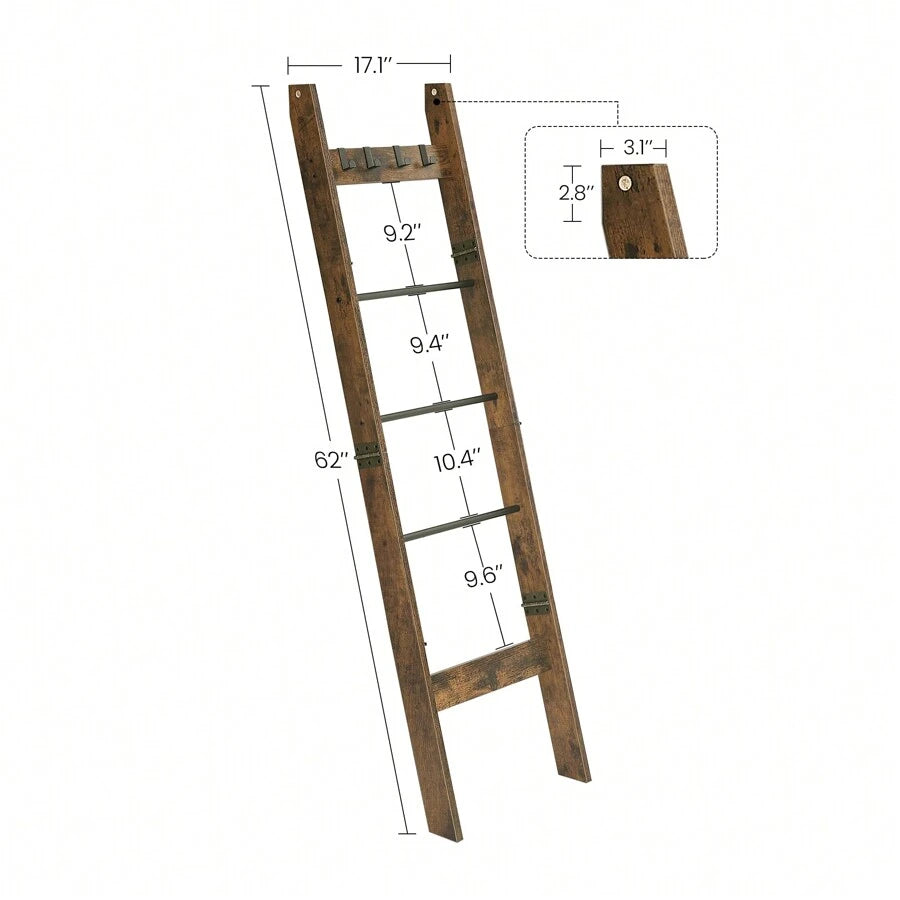 Blanket Ladder Shelf For Living Room, Decorative Wood Quilt Rack With 4 Removable Hooks, 5-Tier Farmhouse Ladder Holder Organizer For Bedroom, Rustic Brown, Home Bathroom Decor Bathroom Organizer Summer image 2