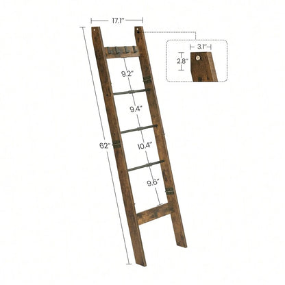 Blanket Ladder Shelf For Living Room, Decorative Wood Quilt Rack With 4 Removable Hooks, 5-Tier Farmhouse Ladder Holder Organizer For Bedroom, Rustic Brown, Home Bathroom Decor Bathroom Organizer Summer image 2