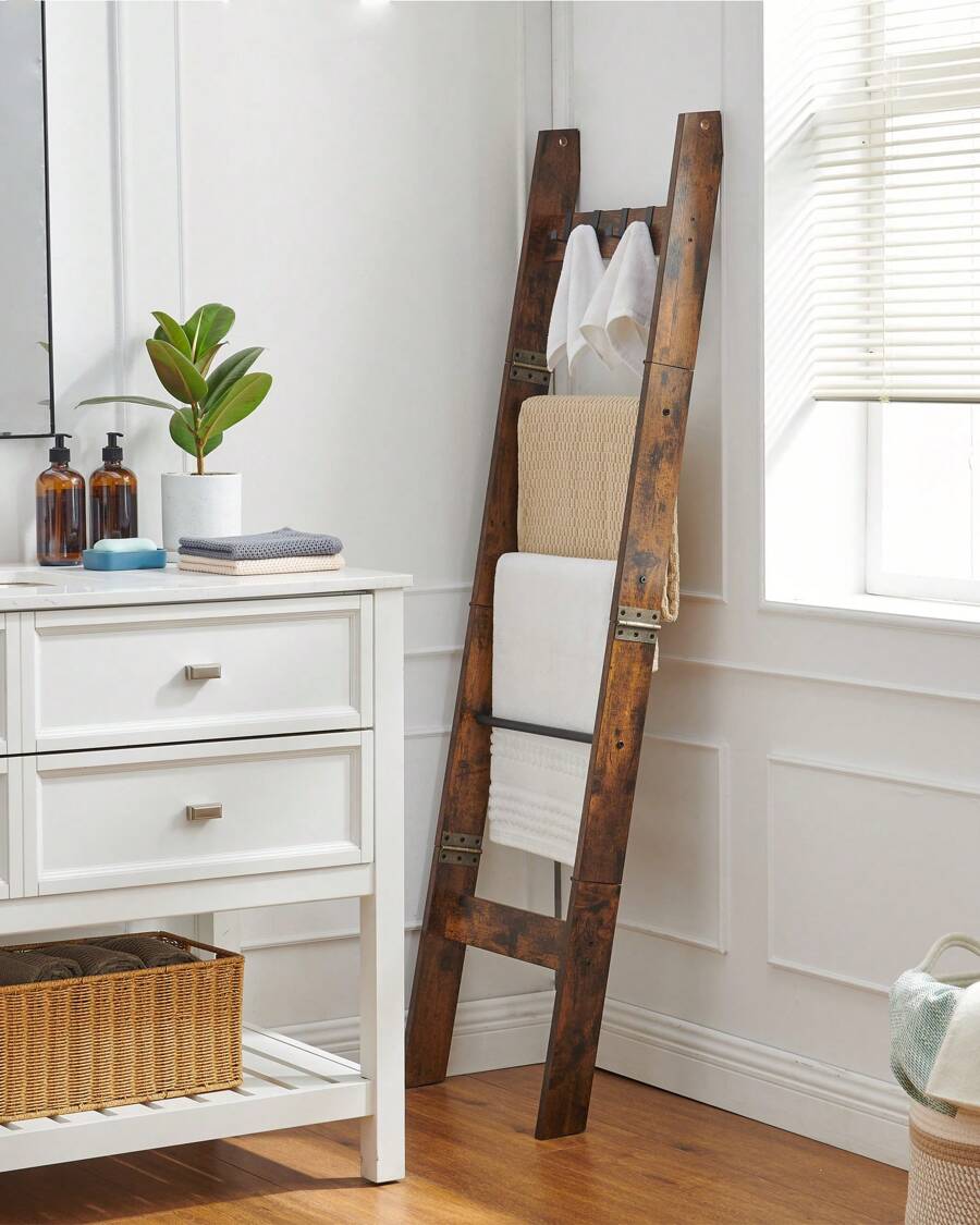 Blanket Ladder Shelf For Living Room, Decorative Wood Quilt Rack With 4 Removable Hooks, 5-Tier Farmhouse Ladder Holder Organizer For Bedroom, Rustic Brown, Home Bathroom Decor Bathroom Organizer Summer image 1