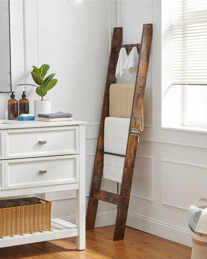 Blanket Ladder Shelf For Living Room, Decorative Wood Quilt Rack With 4 Removable Hooks, 5-Tier Farmhouse Ladder Holder Organizer For Bedroom, Rustic Brown, Home Bathroom Decor Bathroom Organizer Summer image 1