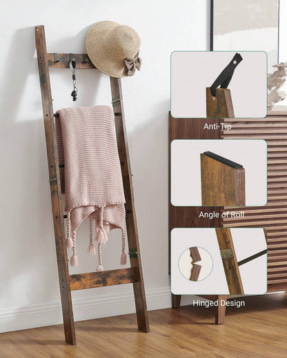 Blanket Ladder Shelf For Living Room, Decorative Wood Quilt Rack With 4 Removable Hooks, 5-Tier Farmhouse Ladder Holder Organizer For Bedroom, Rustic Brown, Home Bathroom Decor Bathroom Organizer Summer image 3