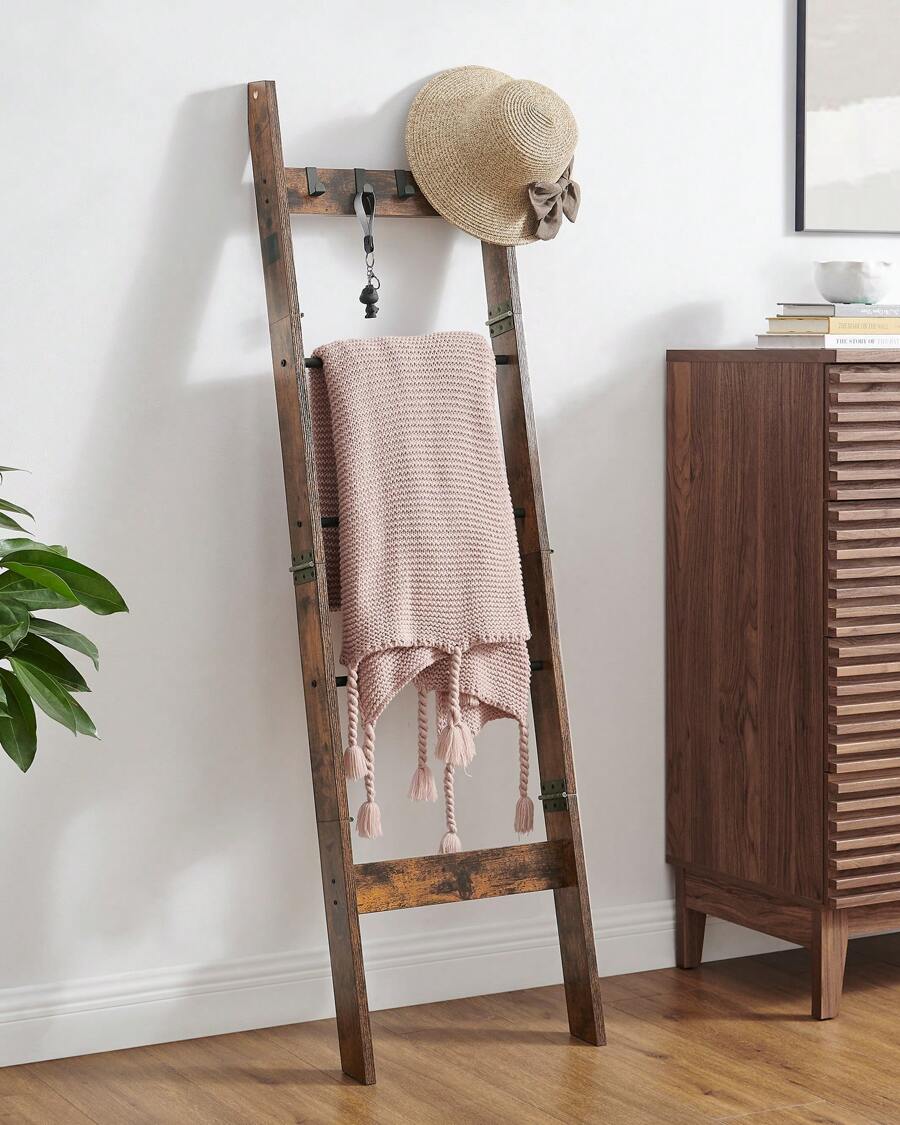 Blanket Ladder Shelf For Living Room, Decorative Wood Quilt Rack With 4 Removable Hooks, 5-Tier Farmhouse Ladder Holder Organizer For Bedroom, Rustic Brown, Home Bathroom Decor Bathroom Organizer Summer image 5