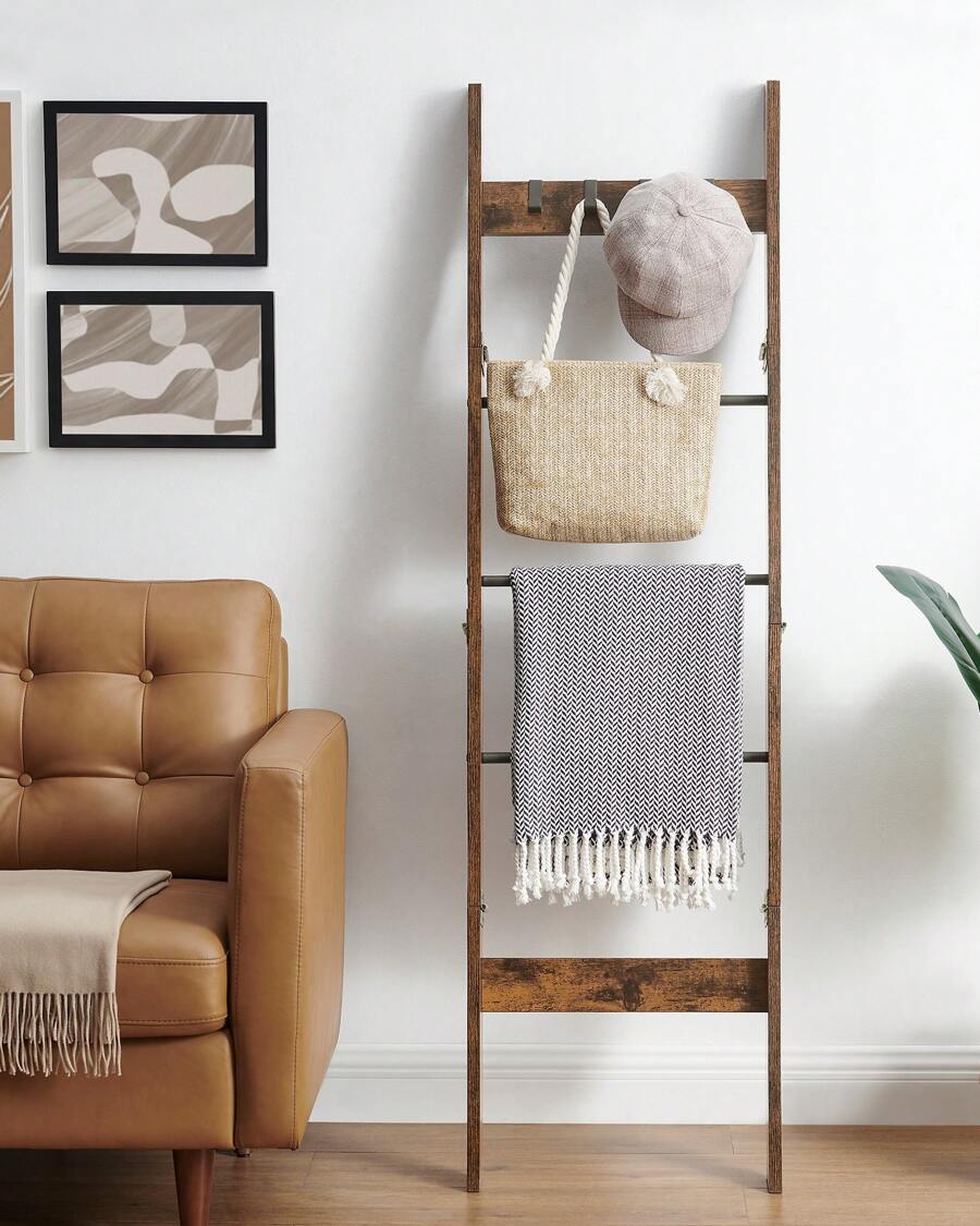 Blanket Ladder Shelf For Living Room, Decorative Wood Quilt Rack With 4 Removable Hooks, 5-Tier Farmhouse Ladder Holder Organizer For Bedroom, Rustic Brown, Home Bathroom Decor Bathroom Organizer Summer image 6