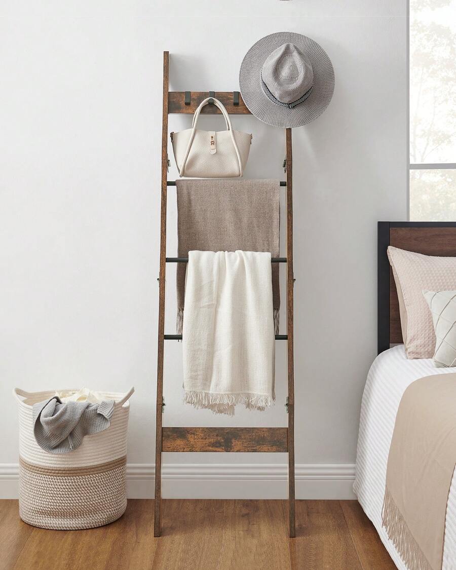 Blanket Ladder Shelf For Living Room, Decorative Wood Quilt Rack With 4 Removable Hooks, 5-Tier Farmhouse Ladder Holder Organizer For Bedroom, Rustic Brown, Home Bathroom Decor Bathroom Organizer Summer image 4