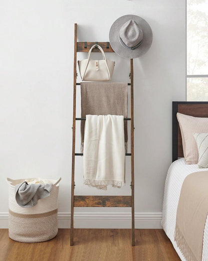 Blanket Ladder Shelf For Living Room, Decorative Wood Quilt Rack With 4 Removable Hooks, 5-Tier Farmhouse Ladder Holder Organizer For Bedroom, Rustic Brown, Home Bathroom Decor Bathroom Organizer Summer image 4