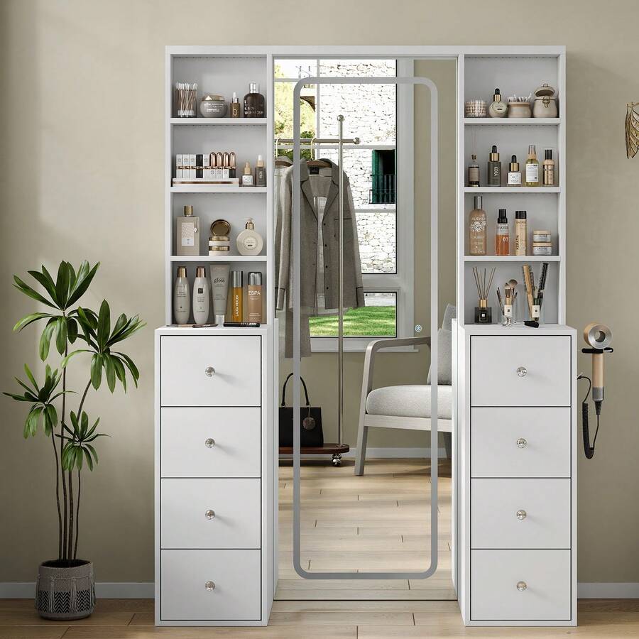 Yanosaku 65''Makeup Vanity With Full Length Mirror & Lights, Vanity Desk With Power Outlet, 8 Drawers, Vanity With 8 Shelves & 3 Color Dimmable LED Lighting