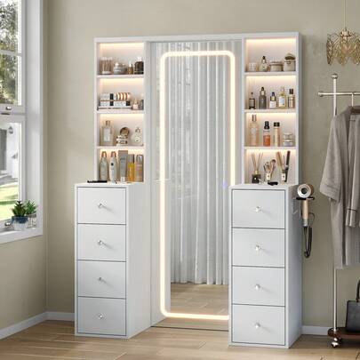 Yanosaku 65''Makeup Vanity With Full Length Mirror & Lights, Vanity Desk With Power Outlet, 8 Drawers, Vanity With 8 Shelves & 3 Color Dimmable LED Lighting