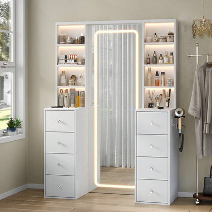 Yanosaku 65''Makeup Vanity With Full Length Mirror & Lights, Vanity Desk With Power Outlet, 8 Drawers, Vanity With 8 Shelves & 3 Color Dimmable LED Lighting