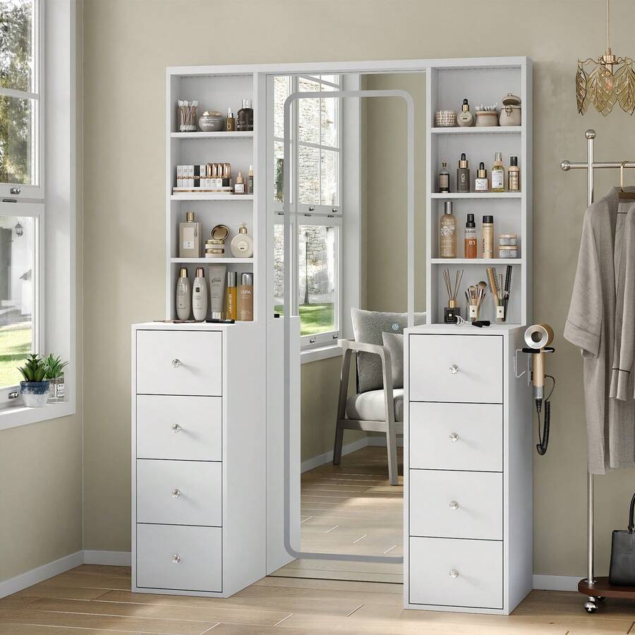 Yanosaku 65''Makeup Vanity With Full Length Mirror & Lights, Vanity Desk With Power Outlet, 8 Drawers, Vanity With 8 Shelves & 3 Color Dimmable LED Lighting