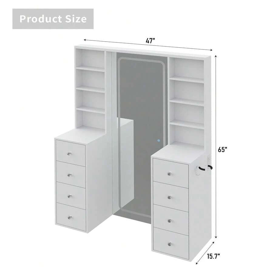 Yanosaku 65''Makeup Vanity With Full Length Mirror & Lights, Vanity Desk With Power Outlet, 8 Drawers, Vanity With 8 Shelves & 3 Color Dimmable LED Lighting