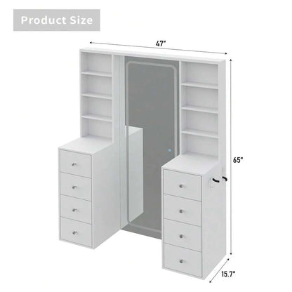 Yanosaku 65''Makeup Vanity With Full Length Mirror & Lights, Vanity Desk With Power Outlet, 8 Drawers, Vanity With 8 Shelves & 3 Color Dimmable LED Lighting