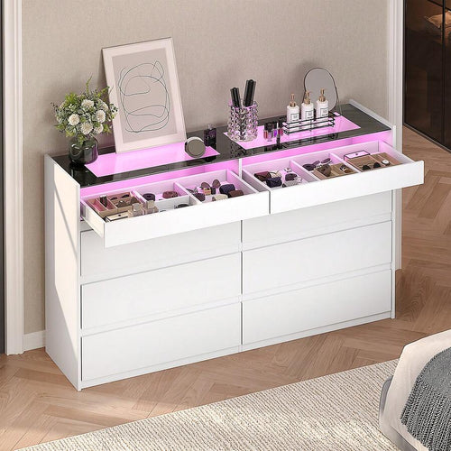 8 Drawers Closet Island With Tempered Glass Top, Walk-In Closet Island & Dresser With Jewelry Storage, Bedroom Storage Cabinet For Closet, Cloakroom, White