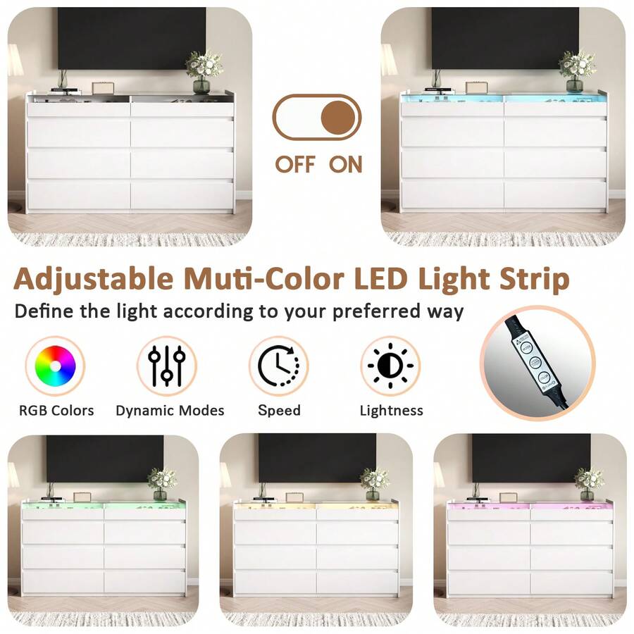 8 Drawers Closet Island With Tempered Glass Top, Walk-In Closet Island & Dresser With Jewelry Storage, Bedroom Storage Cabinet For Closet, Cloakroom, White