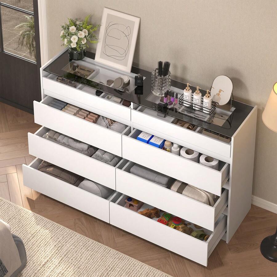 8 Drawers Closet Island With Tempered Glass Top, Walk-In Closet Island & Dresser With Jewelry Storage, Bedroom Storage Cabinet For Closet, Cloakroom, White