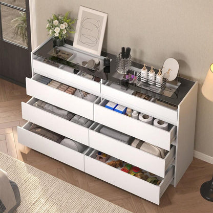 8 Drawers Closet Island With Tempered Glass Top, Walk-In Closet Island & Dresser With Jewelry Storage, Bedroom Storage Cabinet For Closet, Cloakroom, White