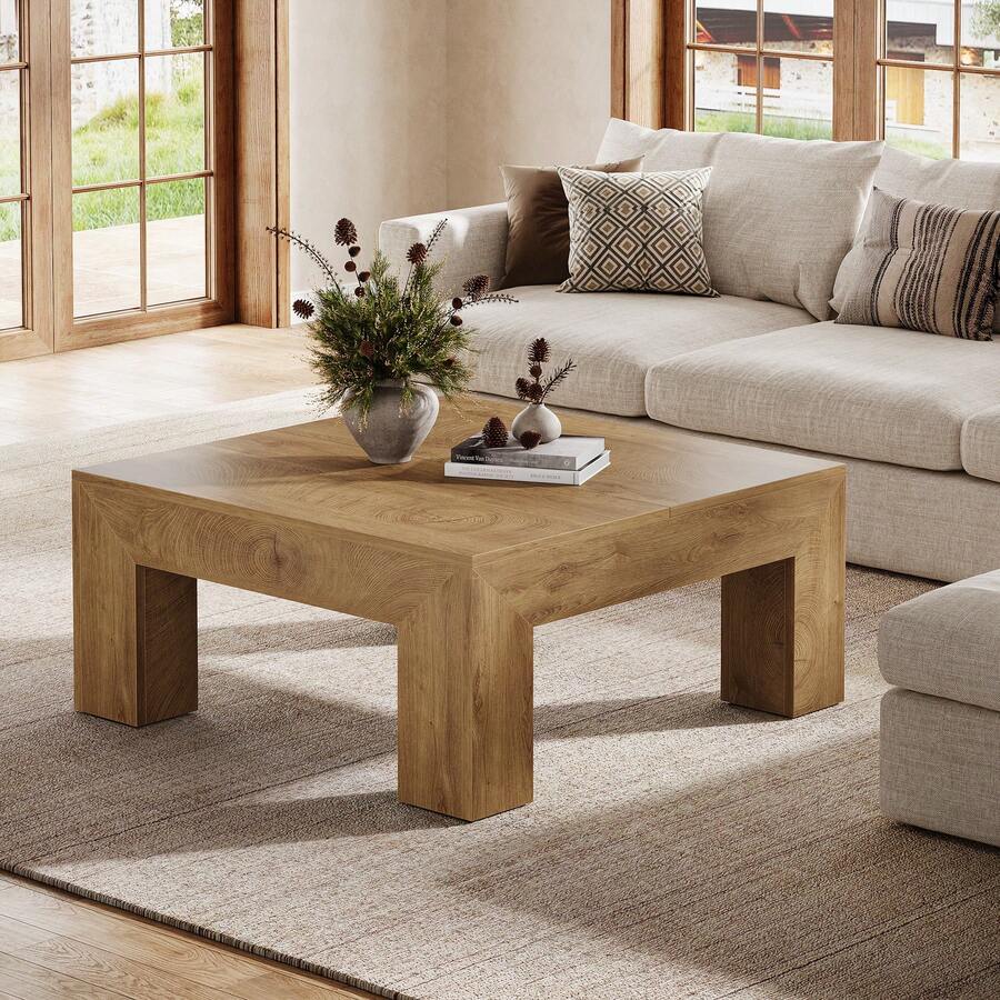 LITTLE TREE 39.37-Inch Square Coffee Table For Living Room, Farmhouse Low Large Center Tea Accent Table With Sturdy Legs, Easy Assembly image 6