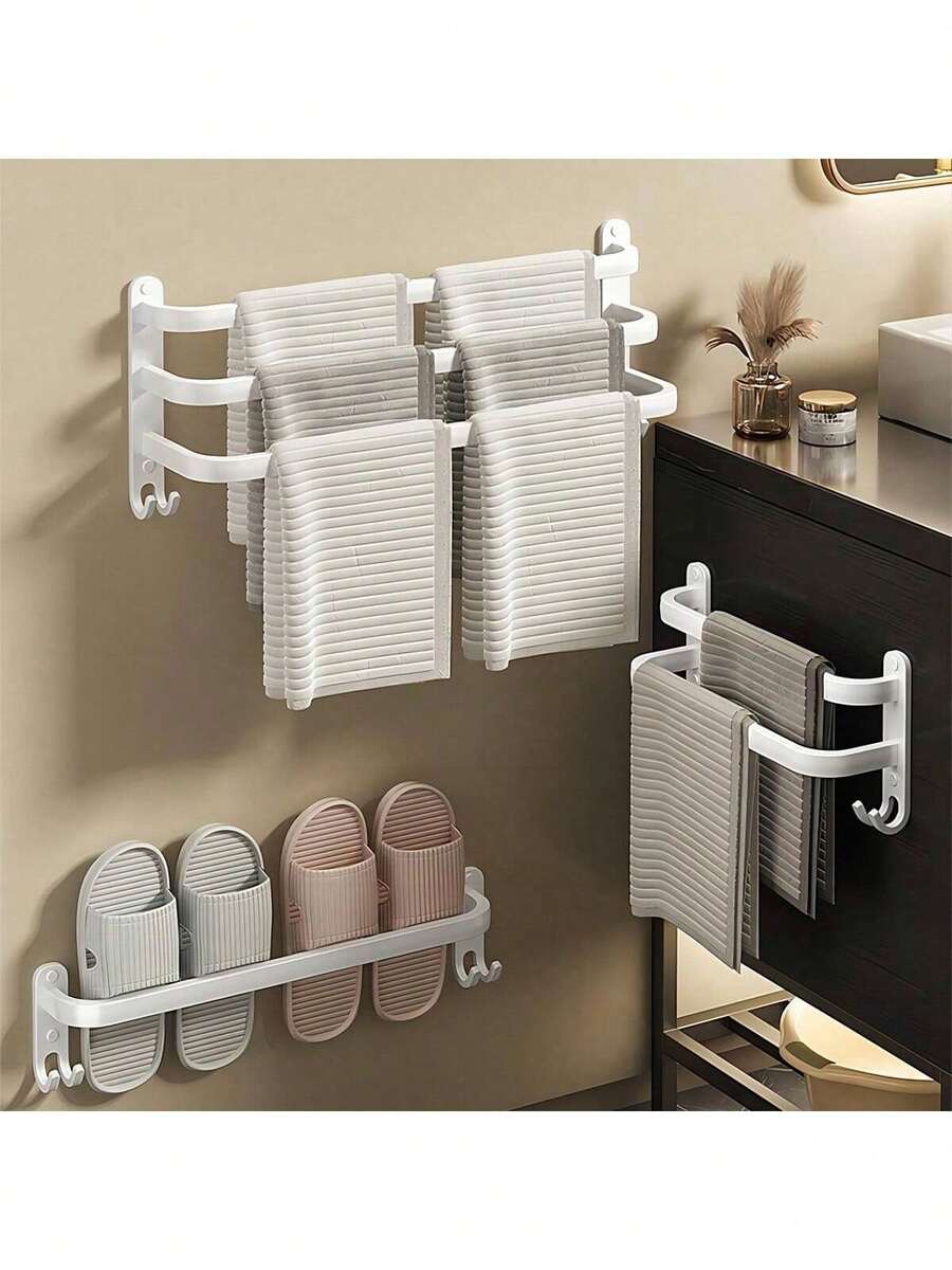 White Hanging Rod Without Drilling, Suitable For Single/Double/Triple Rods, Ideal For Bathrooms, Toilets, And Washrooms. It Features A Wall-Mounted Storage Rack That's Easy To Install And Maintain. image 3