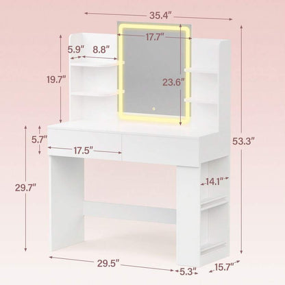 Vanity Desk With Mirror And LED Lights, Makeup Vanity Table With 3 Lighting Color, Adjustable Brightness, Vanity Table With 2 Drawers, Side Storage, For Bedroom
