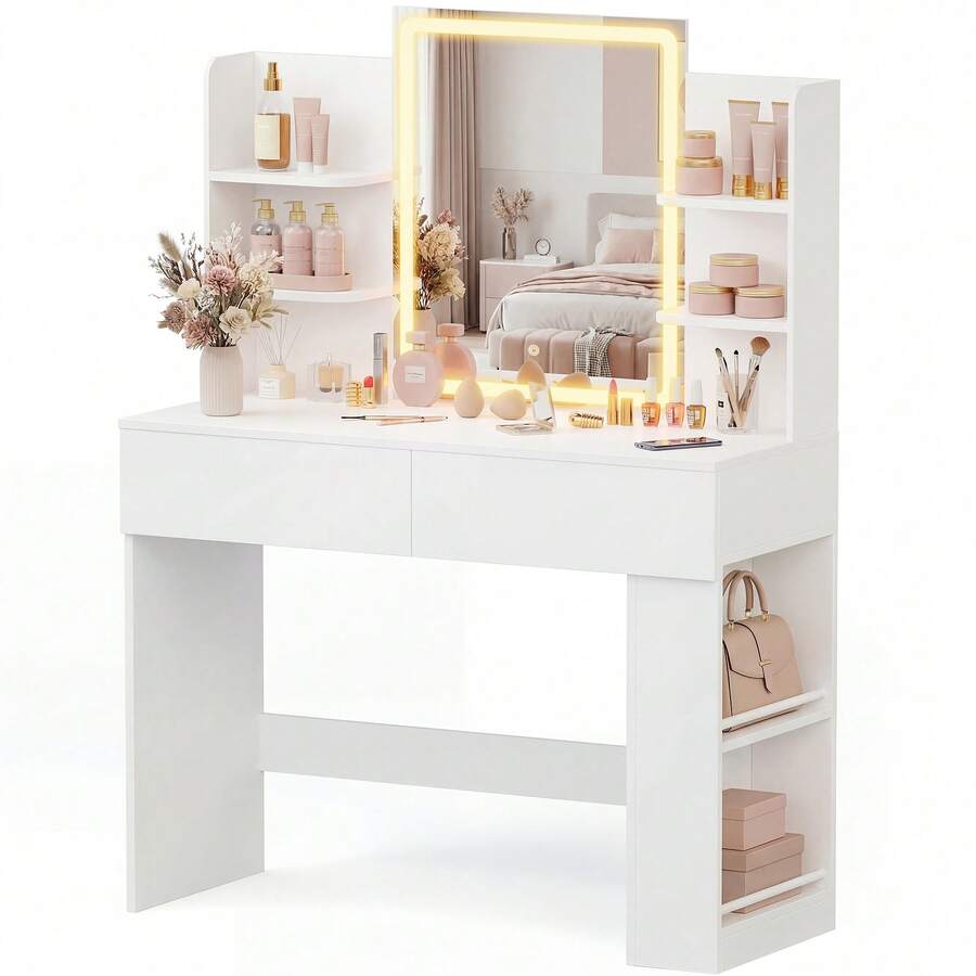 Vanity Desk With Mirror And LED Lights, Makeup Vanity Table With 3 Lighting Color, Adjustable Brightness, Vanity Table With 2 Drawers, Side Storage, For Bedroom