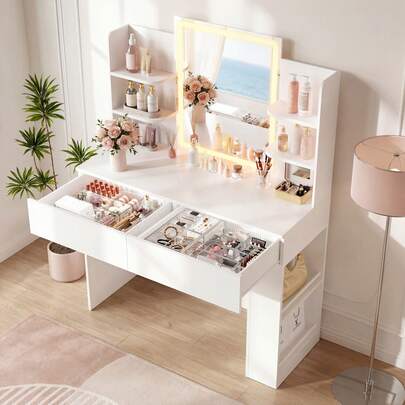Vanity Desk With Mirror And LED Lights, Makeup Vanity Table With 3 Lighting Color, Adjustable Brightness, Vanity Table With 2 Drawers, Side Storage, For Bedroom