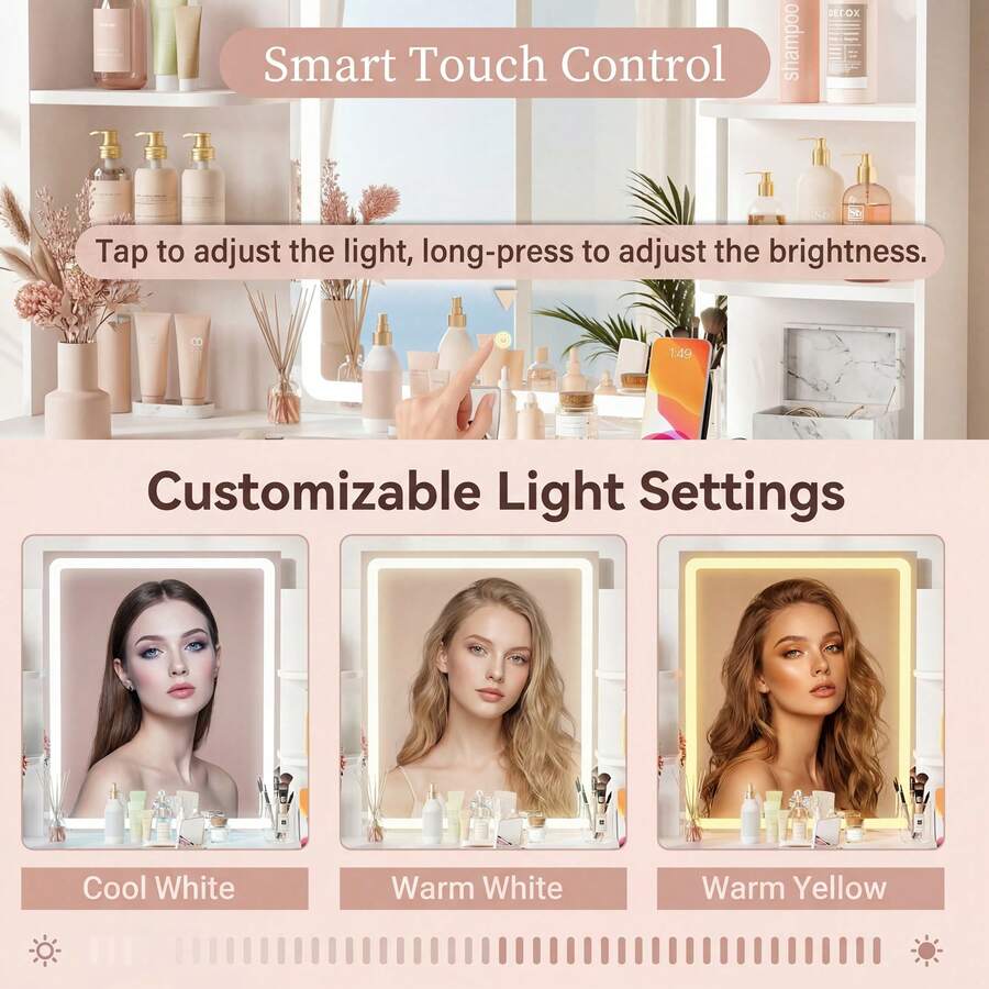 Vanity Desk With Mirror And LED Lights, Makeup Vanity Table With 3 Lighting Color, Adjustable Brightness, Vanity Table With 2 Drawers, Side Storage, For Bedroom
