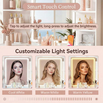 Vanity Desk With Mirror And LED Lights, Makeup Vanity Table With 3 Lighting Color, Adjustable Brightness, Vanity Table With 2 Drawers, Side Storage, For Bedroom