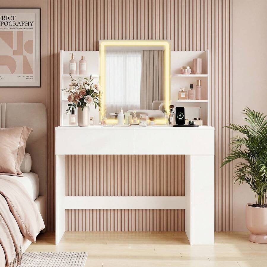 Vanity Desk With Mirror And LED Lights, Makeup Vanity Table With 3 Lighting Color, Adjustable Brightness, Vanity Table With 2 Drawers, Side Storage, For Bedroom