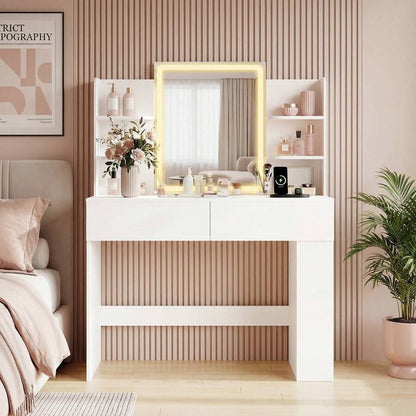 Vanity Desk With Mirror And LED Lights, Makeup Vanity Table With 3 Lighting Color, Adjustable Brightness, Vanity Table With 2 Drawers, Side Storage, For Bedroom