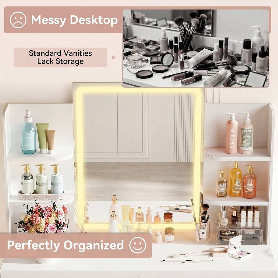 Vanity Desk With Mirror And LED Lights, Makeup Vanity Table With 3 Lighting Color, Adjustable Brightness, Vanity Table With 2 Drawers, Side Storage, For Bedroom
