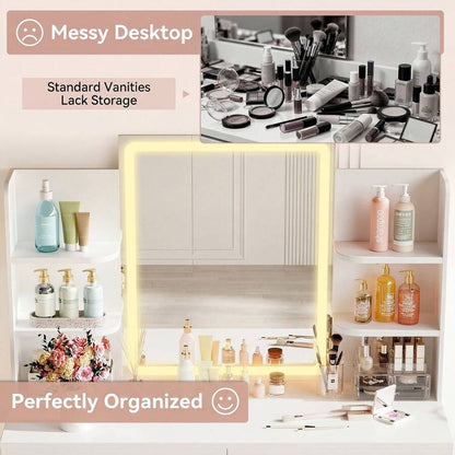 Vanity Desk With Mirror And LED Lights, Makeup Vanity Table With 3 Lighting Color, Adjustable Brightness, Vanity Table With 2 Drawers, Side Storage, For Bedroom