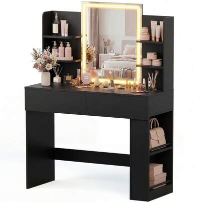 Vanity Desk With Mirror And LED Lights, Makeup Vanity Table With 3 Lighting Color, Adjustable Brightness, Vanity Table With 2 Drawers, Side Storage, For Bedroom