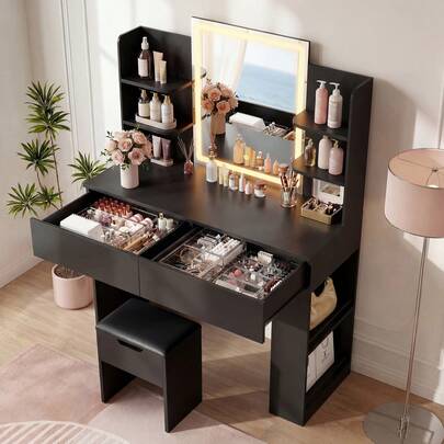 Vanity Desk With Mirror And LED Lights, Makeup Vanity Table With 3 Lighting Color, Adjustable Brightness, Vanity Table With 2 Drawers, Side Storage, For Bedroom