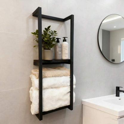 2-Tier Bathroom Towel Rack With Frame - Modern Bathroom Elegant Metal And Wood Design, Wall-Mounted Towel Storage Rack, Bedroom Organizing Rack, Bathroom Towel Rack, Bathroom Towel Storage, Bathroom Towel Rack. image 2