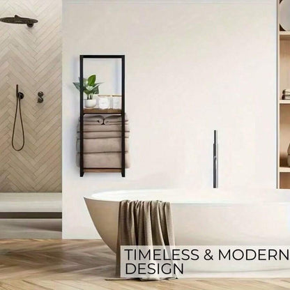 2-Tier Bathroom Towel Rack With Frame - Modern Bathroom Elegant Metal And Wood Design, Wall-Mounted Towel Storage Rack, Bedroom Organizing Rack, Bathroom Towel Rack, Bathroom Towel Storage, Bathroom Towel Rack. image 3
