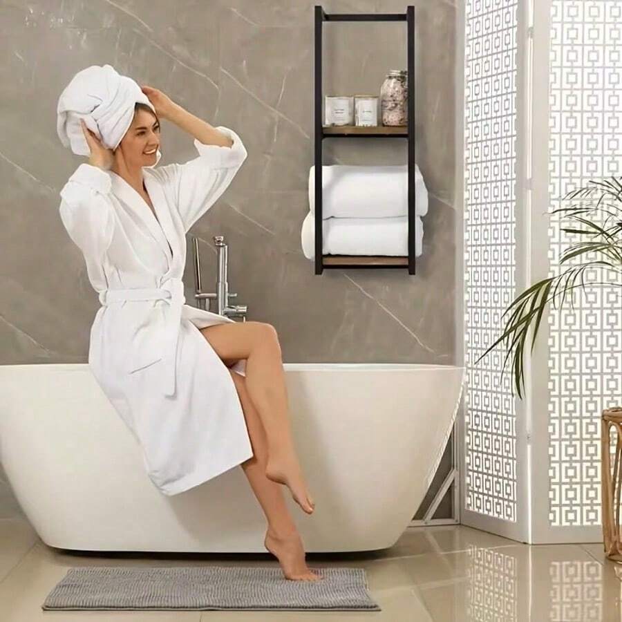 2-Tier Bathroom Towel Rack With Frame - Modern Bathroom Elegant Metal And Wood Design, Wall-Mounted Towel Storage Rack, Bedroom Organizing Rack, Bathroom Towel Rack, Bathroom Towel Storage, Bathroom Towel Rack. image 4