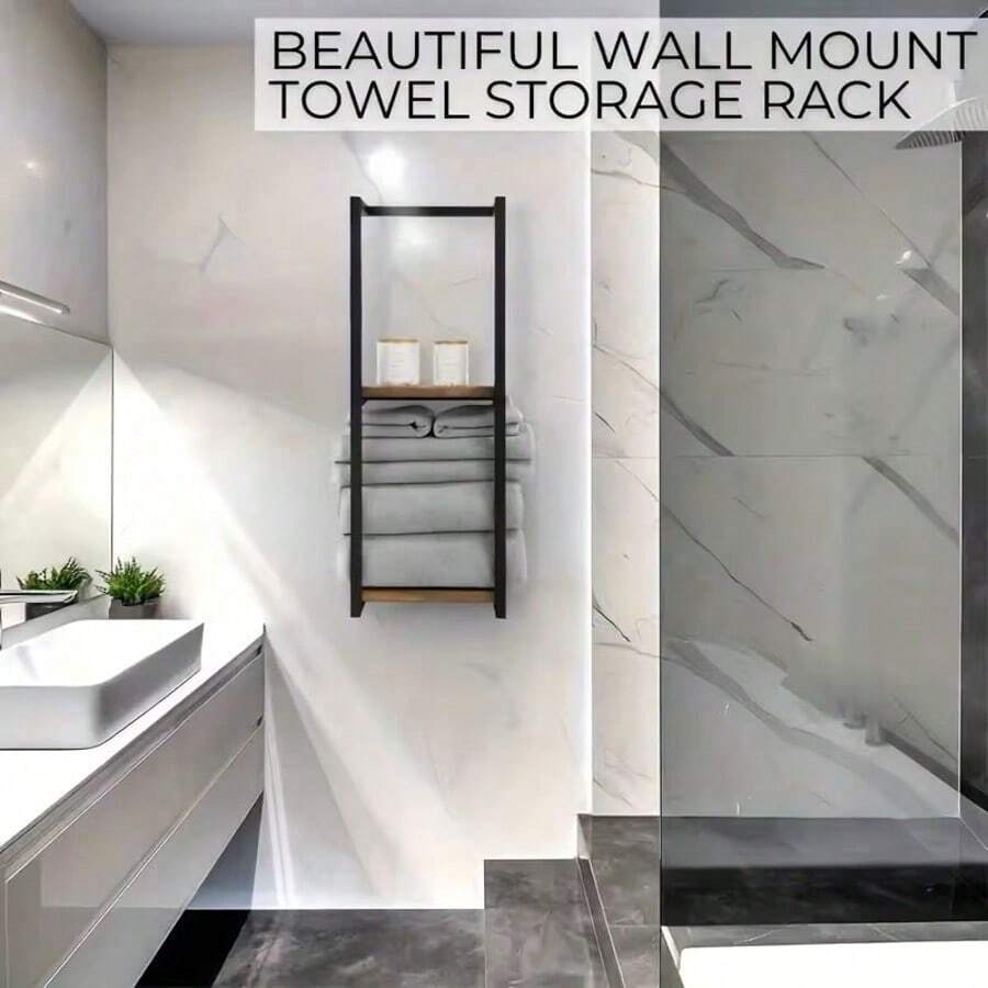 2-Tier Bathroom Towel Rack With Frame - Modern Bathroom Elegant Metal And Wood Design, Wall-Mounted Towel Storage Rack, Bedroom Organizing Rack, Bathroom Towel Rack, Bathroom Towel Storage, Bathroom Towel Rack. image 5