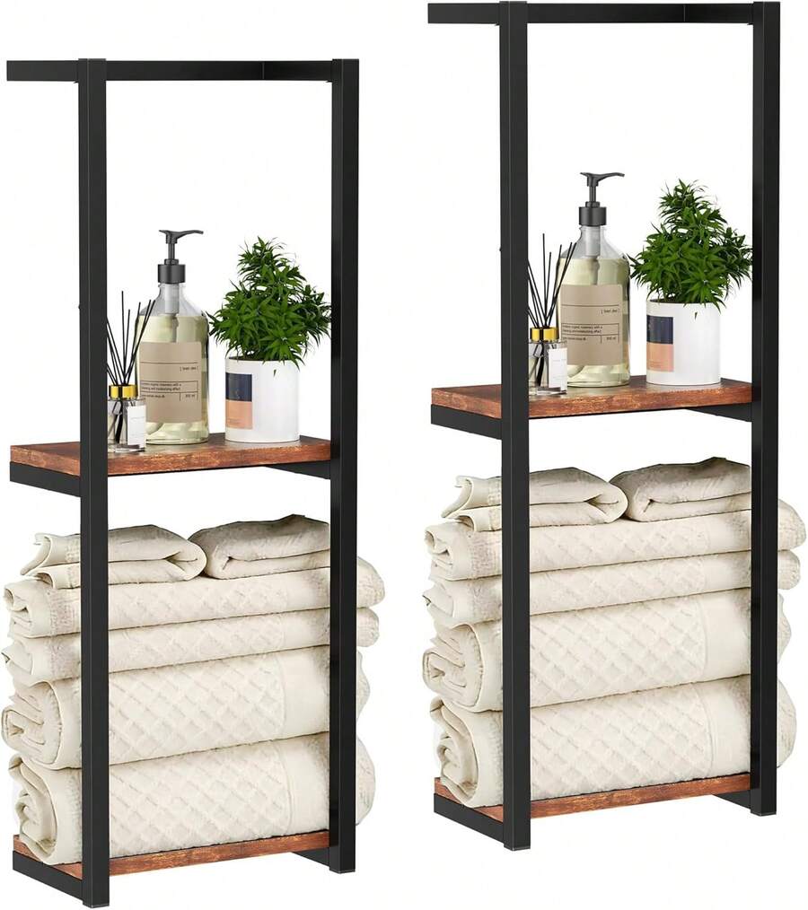 2-Tier Bathroom Towel Rack With Frame - Modern Bathroom Elegant Metal And Wood Design, Wall-Mounted Towel Storage Rack, Bedroom Organizing Rack, Bathroom Towel Rack, Bathroom Towel Storage, Bathroom Towel Rack. image 1