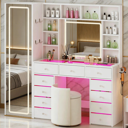 60.82" Full Length Mirror Makeup Vanity Desk With Smart LED Mirror & Charging Station, Transparent Top With 11 RGB Drawers, 10 Shelves, 3 Lighting Modes & Adjustable Brightness, Vanity Woman, White