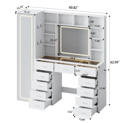 60.82" Full Length Mirror Makeup Vanity Desk With Smart LED Mirror & Charging Station, Transparent Top With 11 RGB Drawers, 10 Shelves, 3 Lighting Modes & Adjustable Brightness, Vanity Woman, White