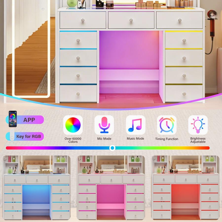60.82" Full Length Mirror Makeup Vanity Desk With Smart LED Mirror & Charging Station, Transparent Top With 11 RGB Drawers, 10 Shelves, 3 Lighting Modes & Adjustable Brightness, Vanity Woman, White