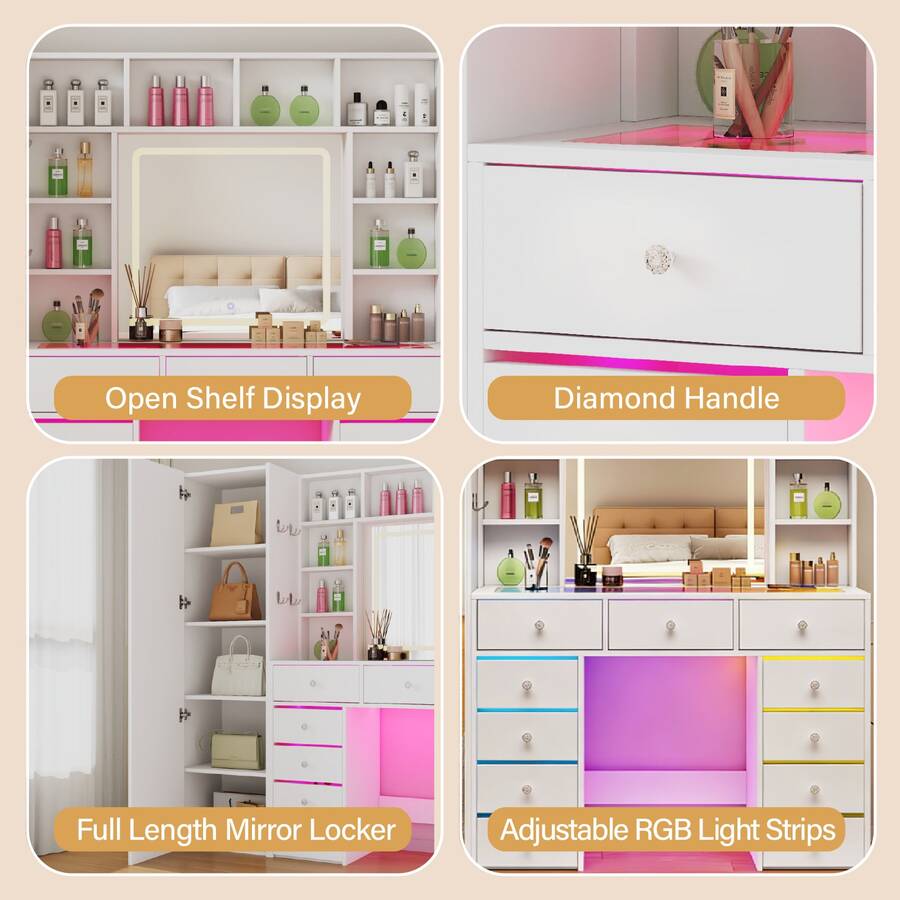 60.82" Full Length Mirror Makeup Vanity Desk With Smart LED Mirror & Charging Station, Transparent Top With 11 RGB Drawers, 10 Shelves, 3 Lighting Modes & Adjustable Brightness, Vanity Woman, White