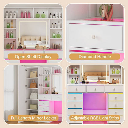 60.82" Full Length Mirror Makeup Vanity Desk With Smart LED Mirror & Charging Station, Transparent Top With 11 RGB Drawers, 10 Shelves, 3 Lighting Modes & Adjustable Brightness, Vanity Woman, White