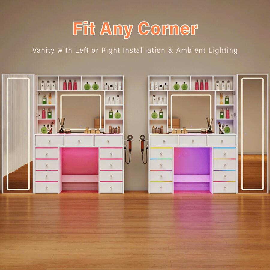 60.82" Full Length Mirror Makeup Vanity Desk With Smart LED Mirror & Charging Station, Transparent Top With 11 RGB Drawers, 10 Shelves, 3 Lighting Modes & Adjustable Brightness, Vanity Woman, White