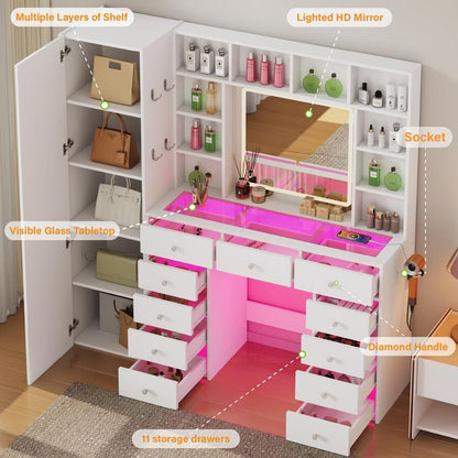 60.82" Full Length Mirror Makeup Vanity Desk With Smart LED Mirror & Charging Station, Transparent Top With 11 RGB Drawers, 10 Shelves, 3 Lighting Modes & Adjustable Brightness, Vanity Woman, White