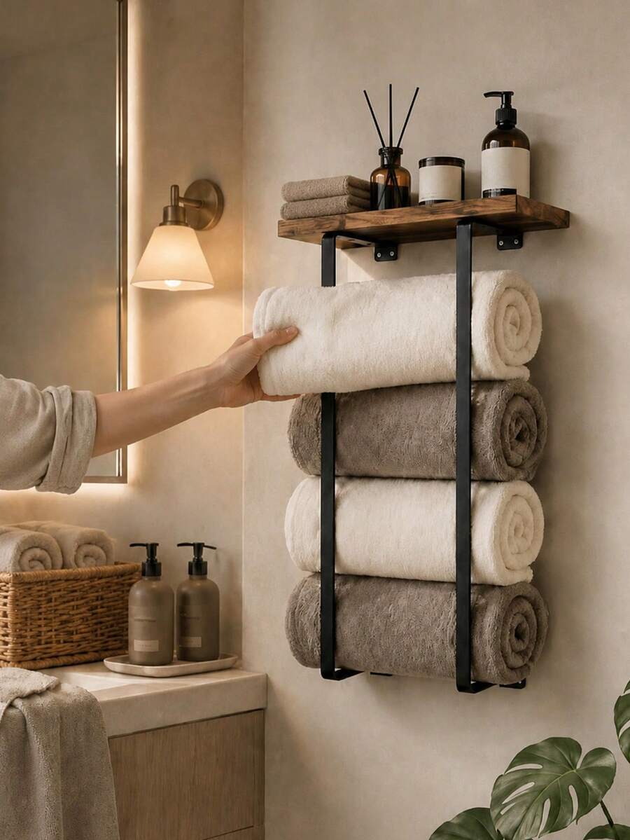 1pc Vintage Style Towel Rack, Wall-Mounted Bathroom Towel Storage Rack, Wall-Mounted Towel Rack, Bathroom Storage Rack, Suitable For Towels, Towels, Green Plants, Aromatherapy, Toiletries Storage, Bathroom, Kitchen, Living Room, Home Decor image 1