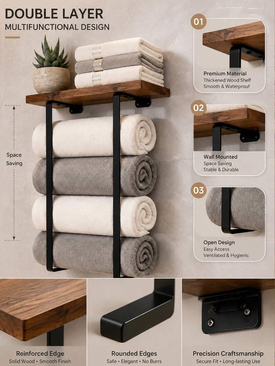 1pc Vintage Style Towel Rack, Wall-Mounted Bathroom Towel Storage Rack, Wall-Mounted Towel Rack, Bathroom Storage Rack, Suitable For Towels, Towels, Green Plants, Aromatherapy, Toiletries Storage, Bathroom, Kitchen, Living Room, Home Decor image 4