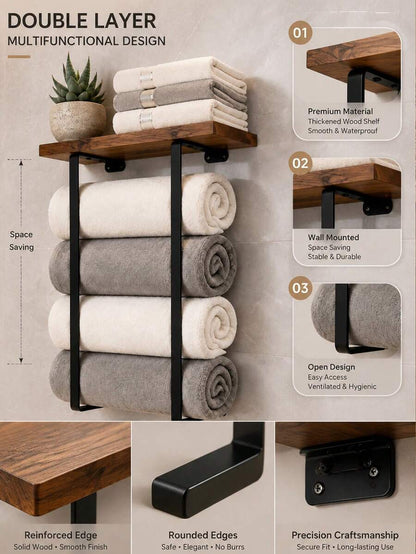 1pc Vintage Style Towel Rack, Wall-Mounted Bathroom Towel Storage Rack, Wall-Mounted Towel Rack, Bathroom Storage Rack, Suitable For Towels, Towels, Green Plants, Aromatherapy, Toiletries Storage, Bathroom, Kitchen, Living Room, Home Decor image 4