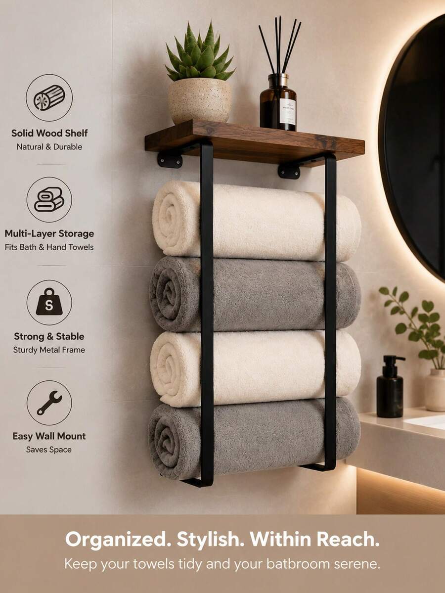 1pc Vintage Style Towel Rack, Wall-Mounted Bathroom Towel Storage Rack, Wall-Mounted Towel Rack, Bathroom Storage Rack, Suitable For Towels, Towels, Green Plants, Aromatherapy, Toiletries Storage, Bathroom, Kitchen, Living Room, Home Decor image 3