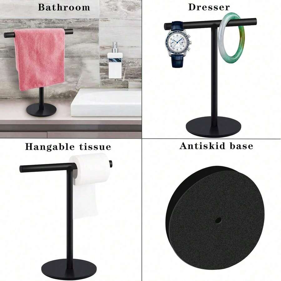 1pc Stainless Steel T-Shaped Towel Bar - Bathroom & Kitchen Countertop Towel Rack, Fashion Design Black & Silver Towel Rack, Kitchen Bathroom Bedroom Multi-Scene Storage image 9