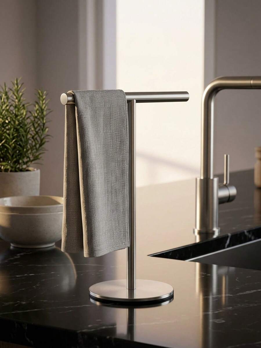 1pc Stainless Steel T-Shaped Towel Bar - Bathroom & Kitchen Countertop Towel Rack, Fashion Design Black & Silver Towel Rack, Kitchen Bathroom Bedroom Multi-Scene Storage image 2